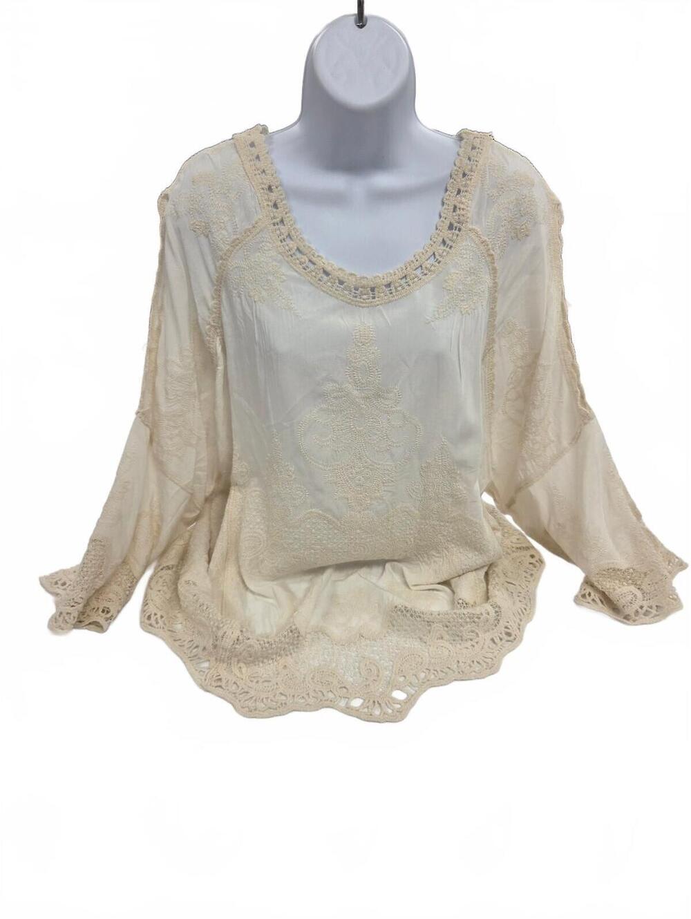 Solitaire Boho Style Cream Lace Trimmed Blouse with Bell Sleeves 1X